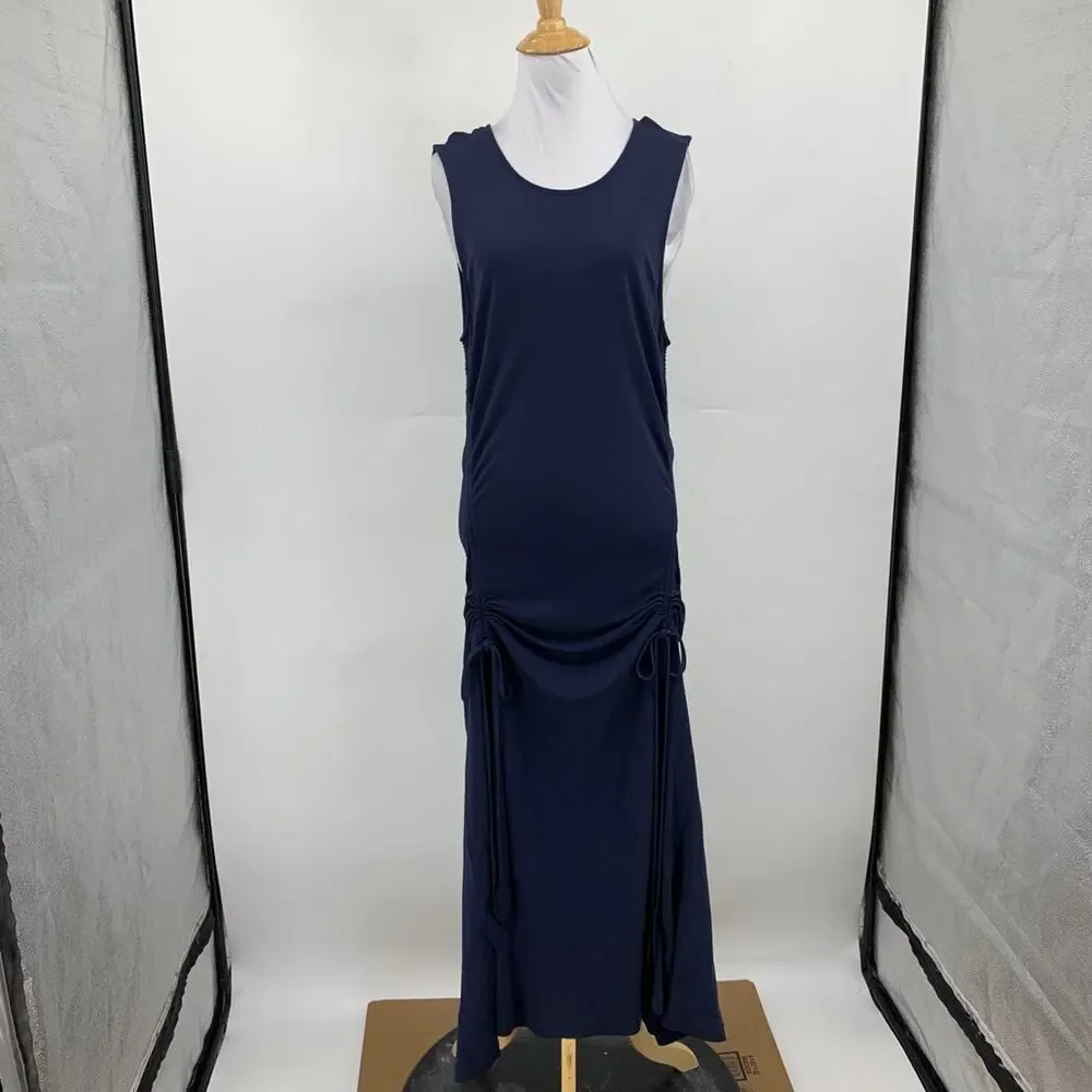 Tory Burch Dress Womens L Large Navy Shannon Sleeveless Front Tie Cinching Midi